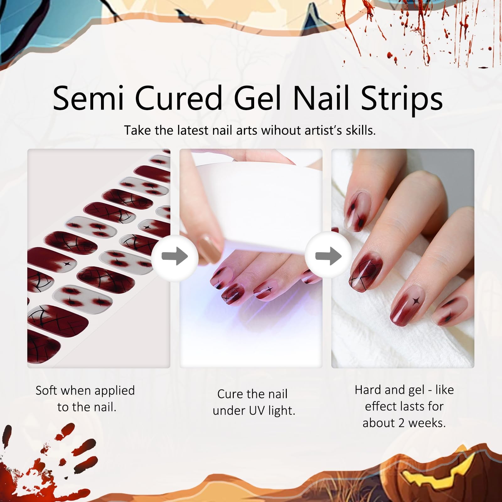 Halloween Semi Cured Nail Strips, 24 Tips Bloody Scab Halloween Design Nail P…