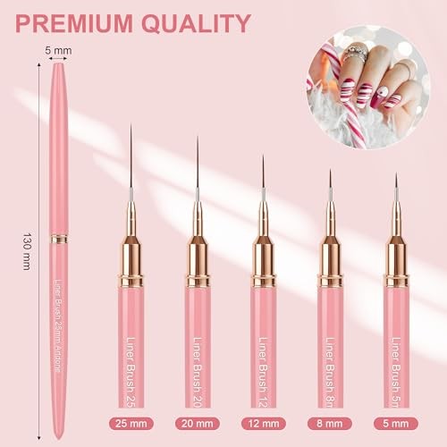 5PCS Nail Art Liner Brush Set Pink Metallic Pens Fine Detail Drawing Tools