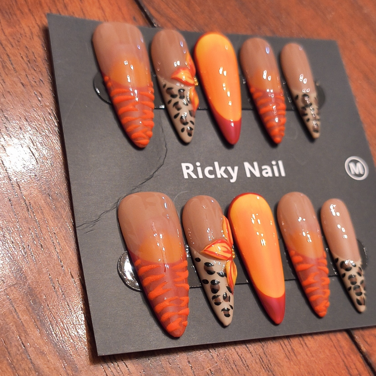 Ricky Nail Press-On Nails Long Coffin Orange Nude Leopard Shiny Full Cover Med