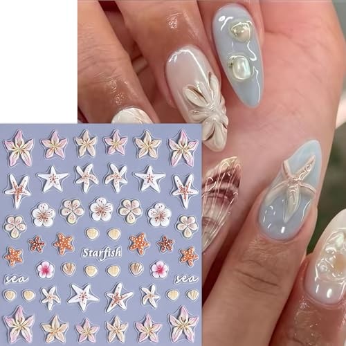 5D Embossed Ocean Life Nail Art Stickers Decals Self Adhesive Seashell starfish