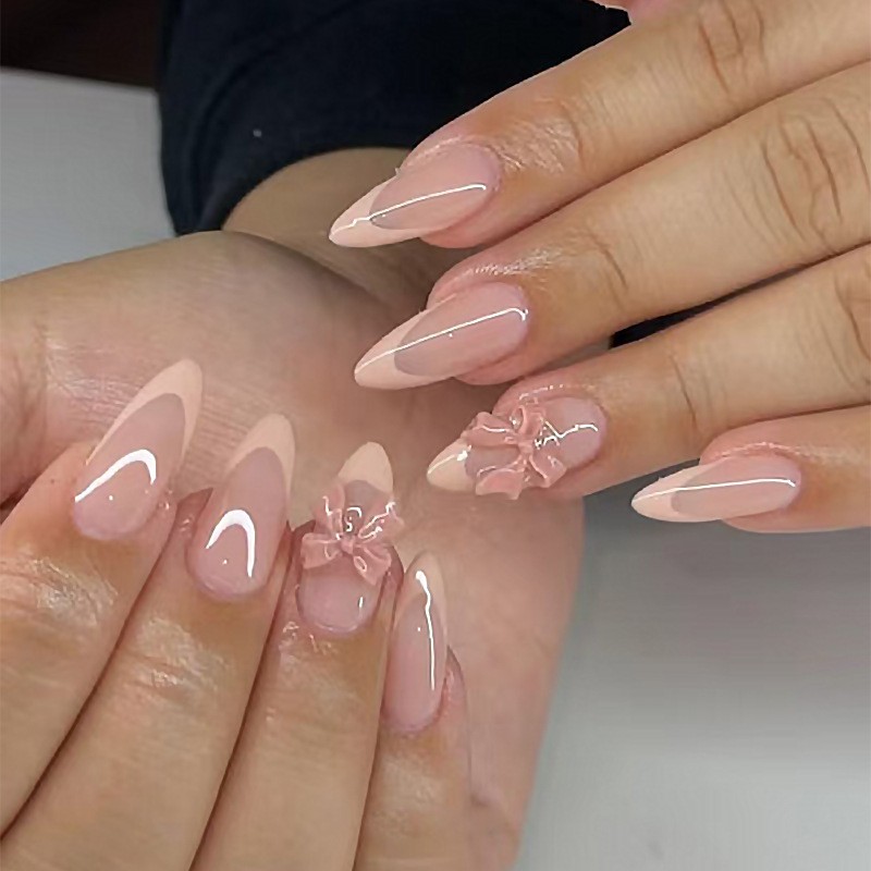48P-Nude Almond Press on Nails Pale Pink French Tip 3D Pink Bow Sweet Fake Nails