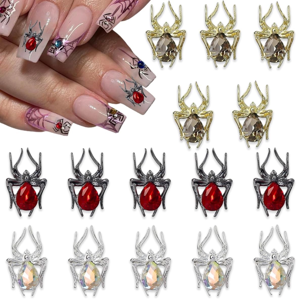 WBRRFJJ Spider Nail Charms Metal Alloy Rhinestone
