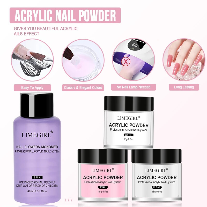 40ml Crystal Liquid With 45ml Acrylic Powder Kit Set Pink White Transparent