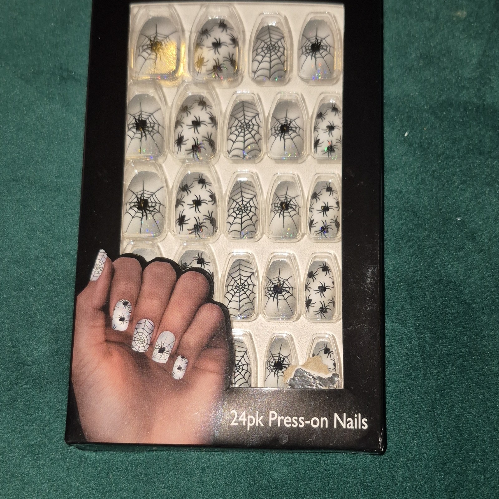 Spiderella 24pk Halloween Press-On Nails Spider Web & Spider Square Medium Shiny