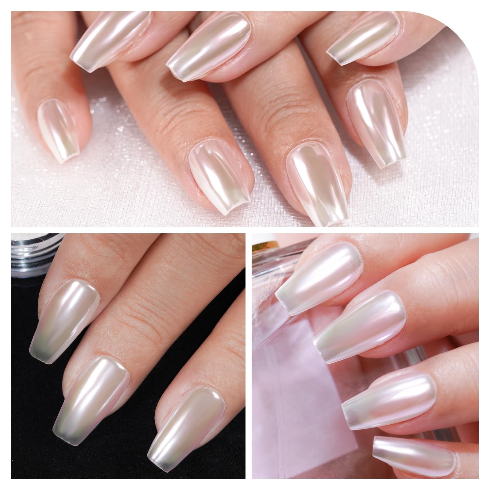 Pearl White Chrome Nail Powder Set – 6 Colors Iridescent Glitter for Gel Polish