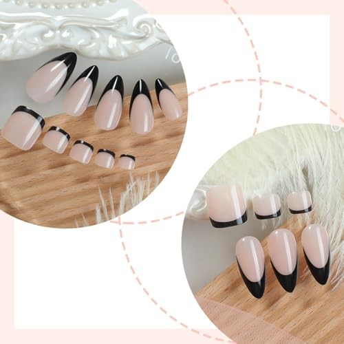 48Pcs Medium Almond Press on Nails and Toes Matching Set Black French Tip Fake