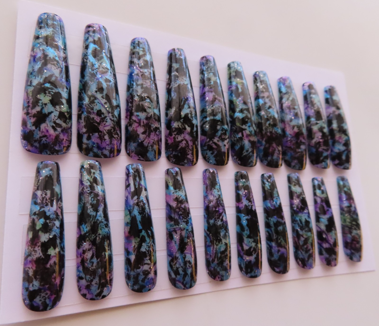 XL Purple Blue Green Black Ink Splatter Glitter Coffin Press On Nails