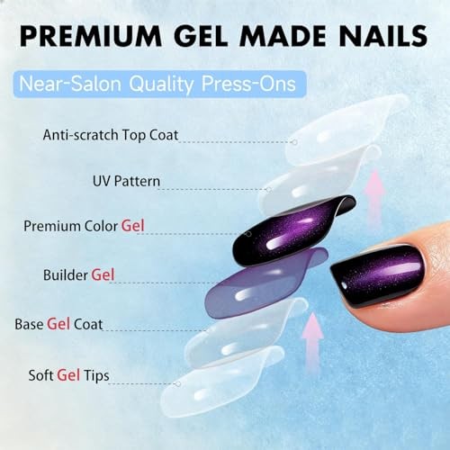 Cat Eye Press on Nails Short, Handmade Press on Nails square black purple