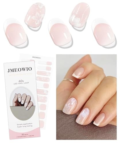 Gel Nail Stickers French Tip White Flower Semi Cured Gel Nail Strips Wraps