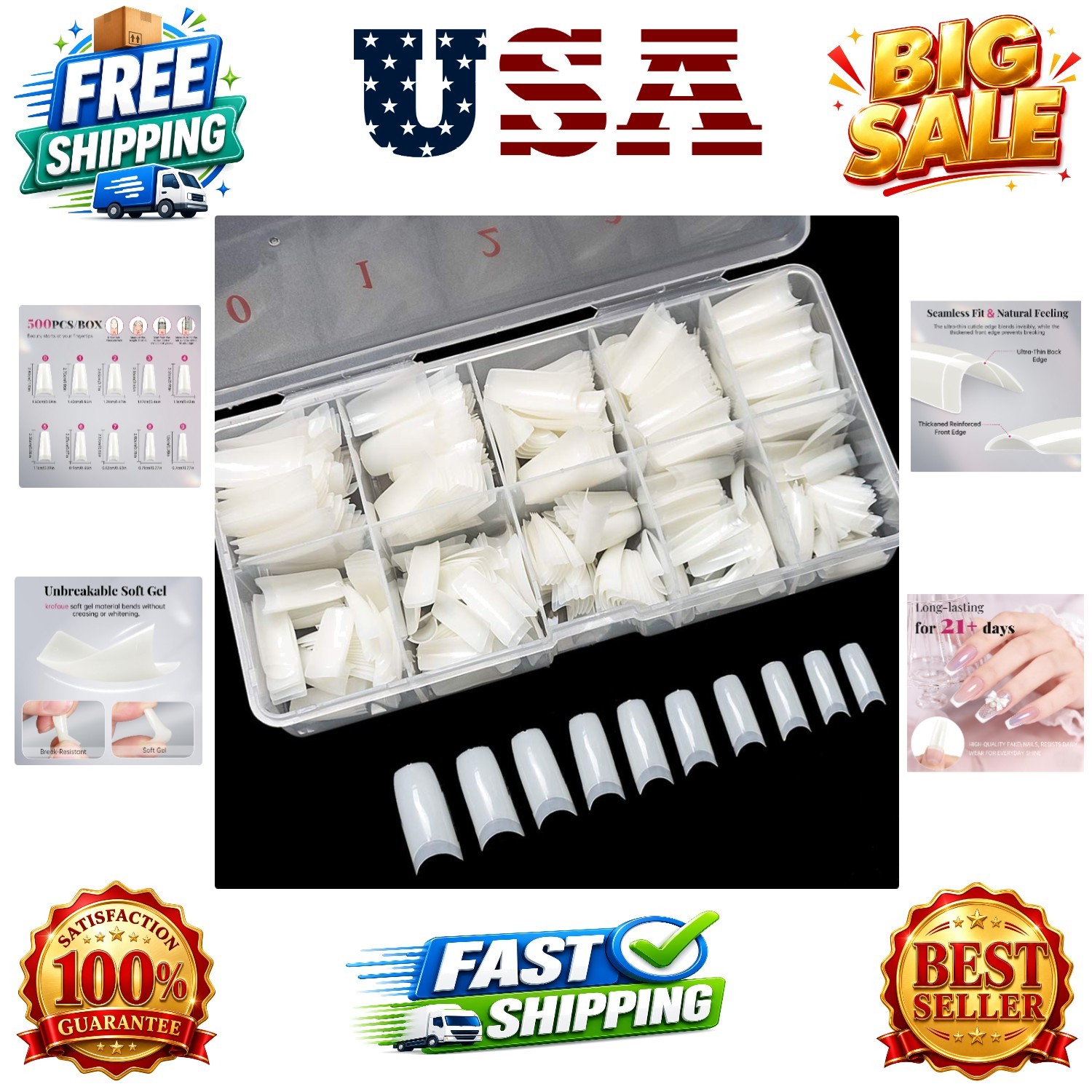 500PCS Soft Gel False Nails Tips – Half Cover Acrylic Nail Tips 10 Sizes Lady…