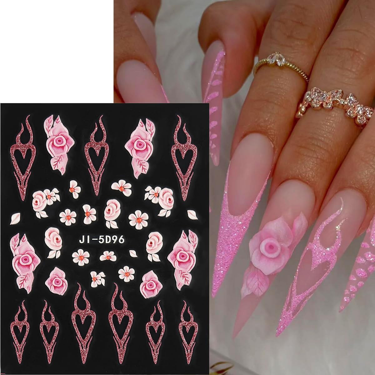 5D Embossed White Flowers Nail Stickers, 5 Sheets Self-Adhesive Floral Nail Deca
