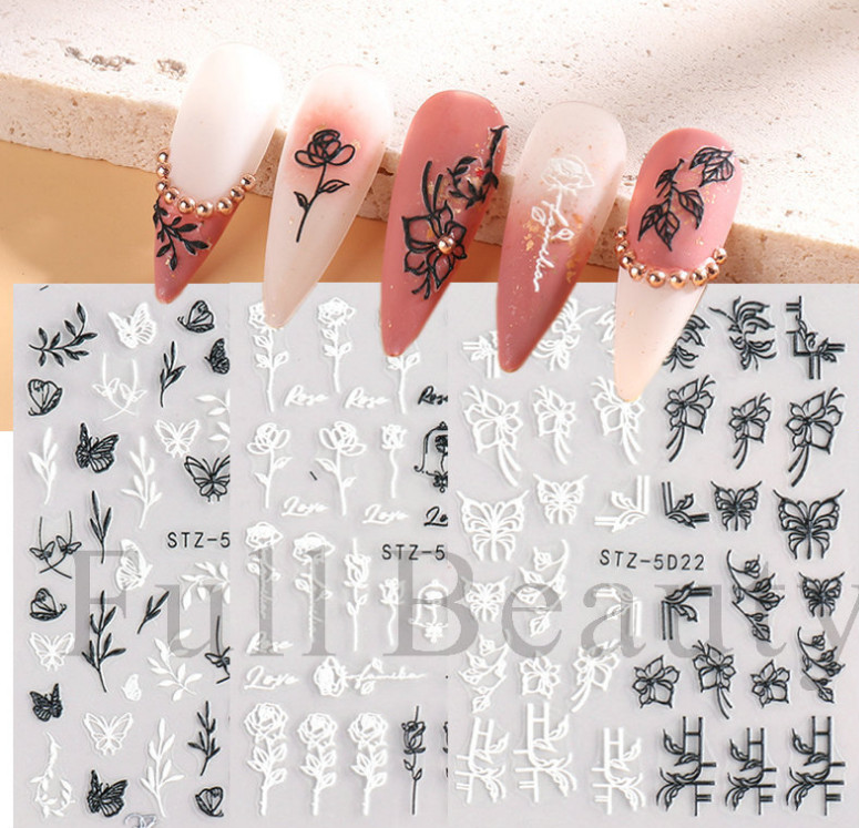 Black White 5D Embossed Rose Flowers Heart Leaf Nail Stickers Sliders Manicure
