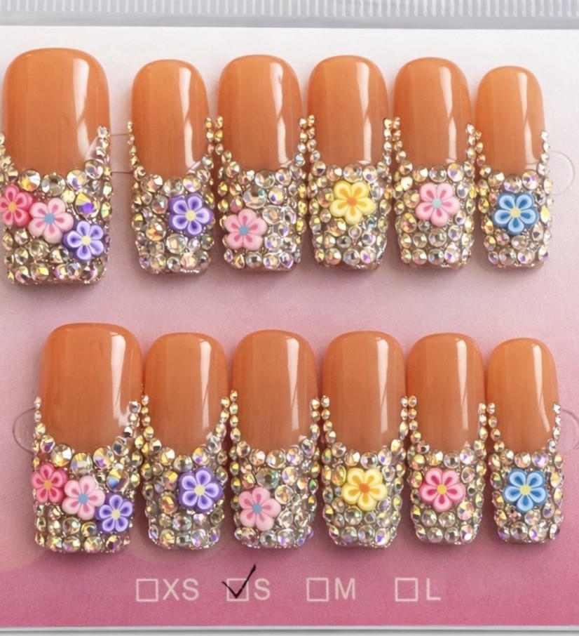 Press On Nails Long Square, French Tip Nude w/Rhinestones, Size: S, Hand Made