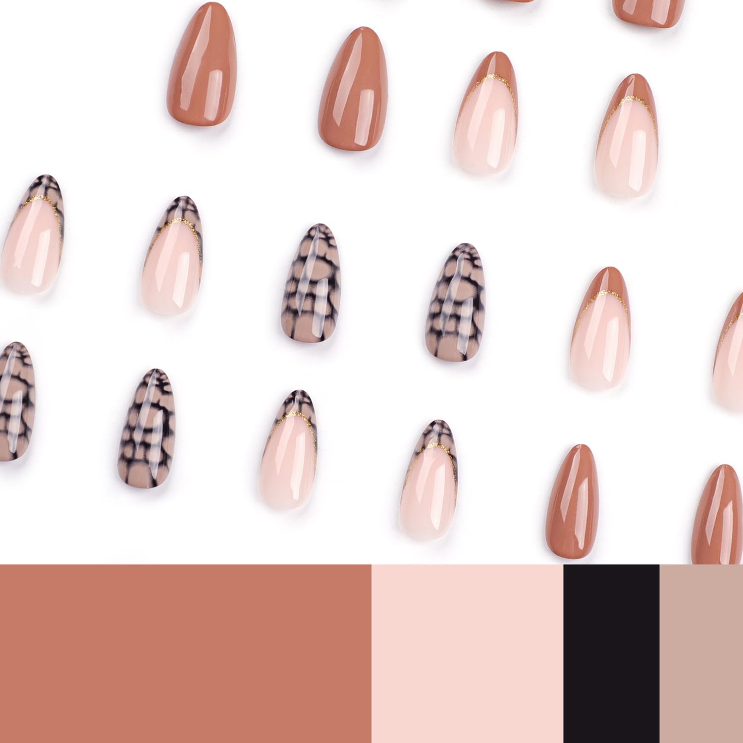 24 Pcs Fall Press on Nails French Tips Almond Fake Nude & Brown False Gold Gl…