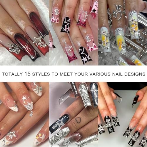 120+ Pcs Star Nail Charms Inlaid Rhinestones Gems Star Planet Cross Nail Silver