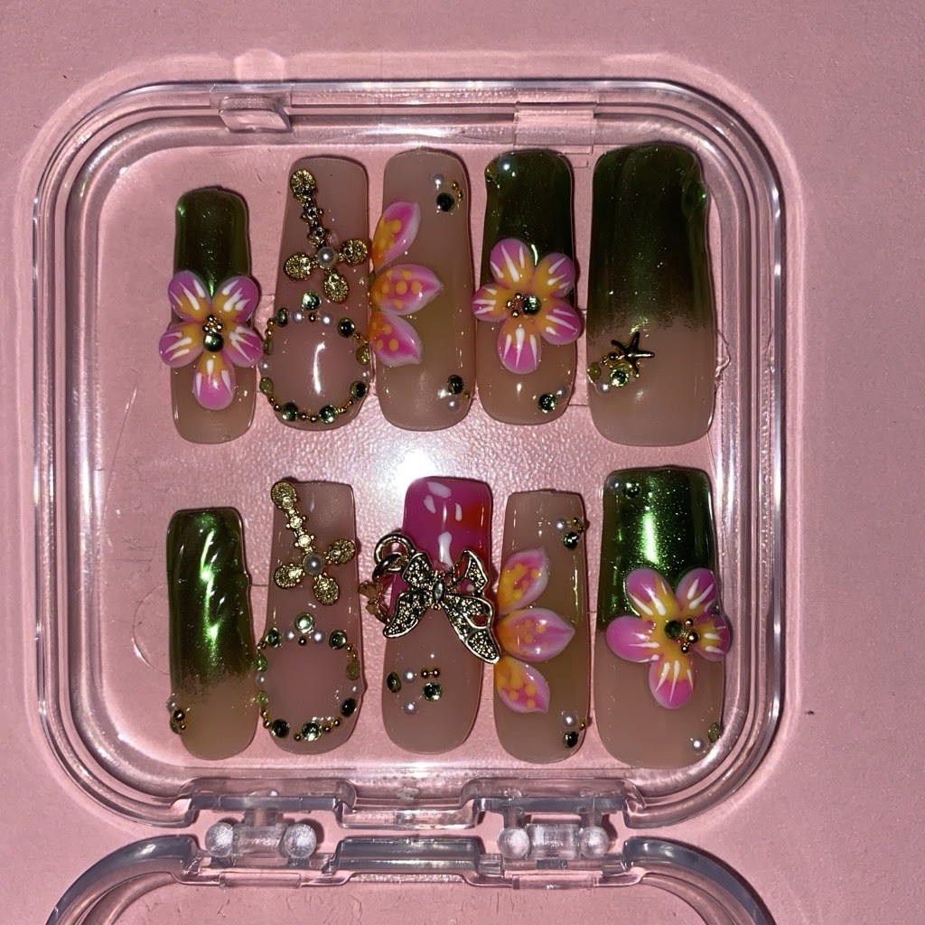 M-Press-On Nails 3D Floral Rhinestone Full Cover Long Square Green Pink Beige