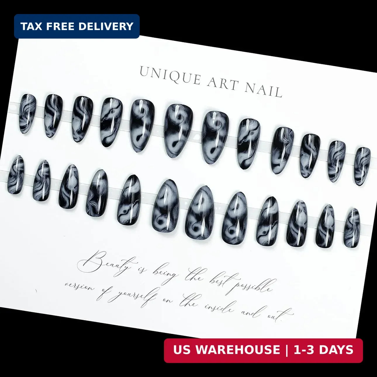 LPOODDNU Almond Press on Nails – Medium Black Fake Nails with Marble Designs, Gl