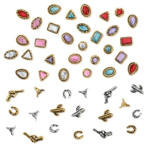 50 PCS Western Nail Charms – 3D Vintage Turquoise Gems, Retro Cowboy Nail Art DI