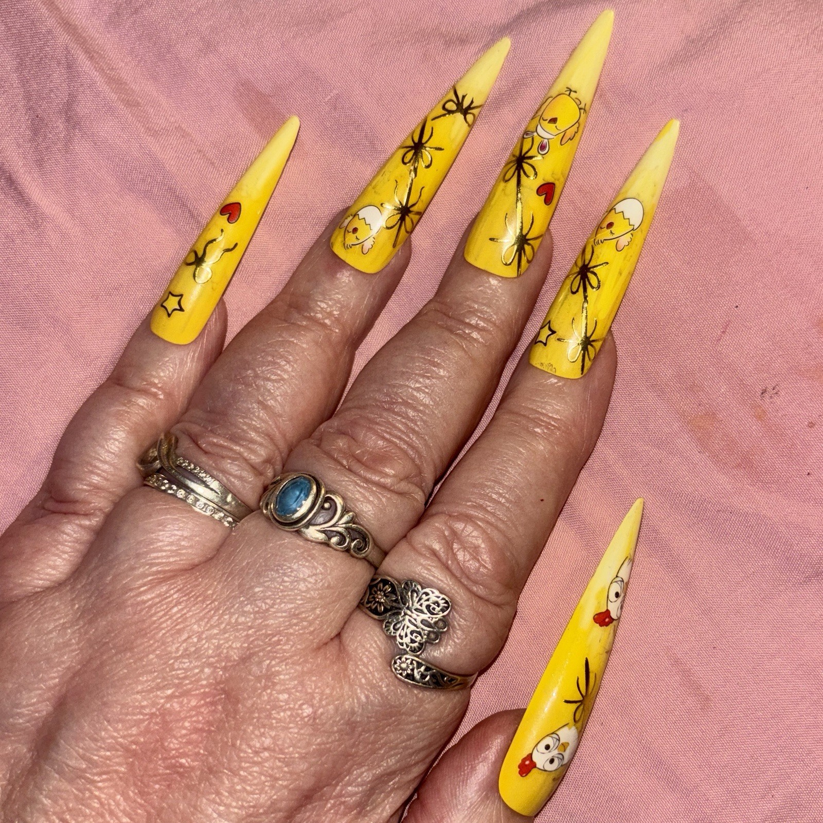 20 pc Cute Chicken Cartoon Design Extra Long Stiletto Press-On Nails Handmade