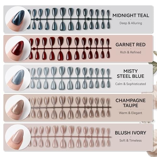 150 Pcs Cat Eye Press on Nails Almond – 5 red/pink/dark gray/navy blue/beige