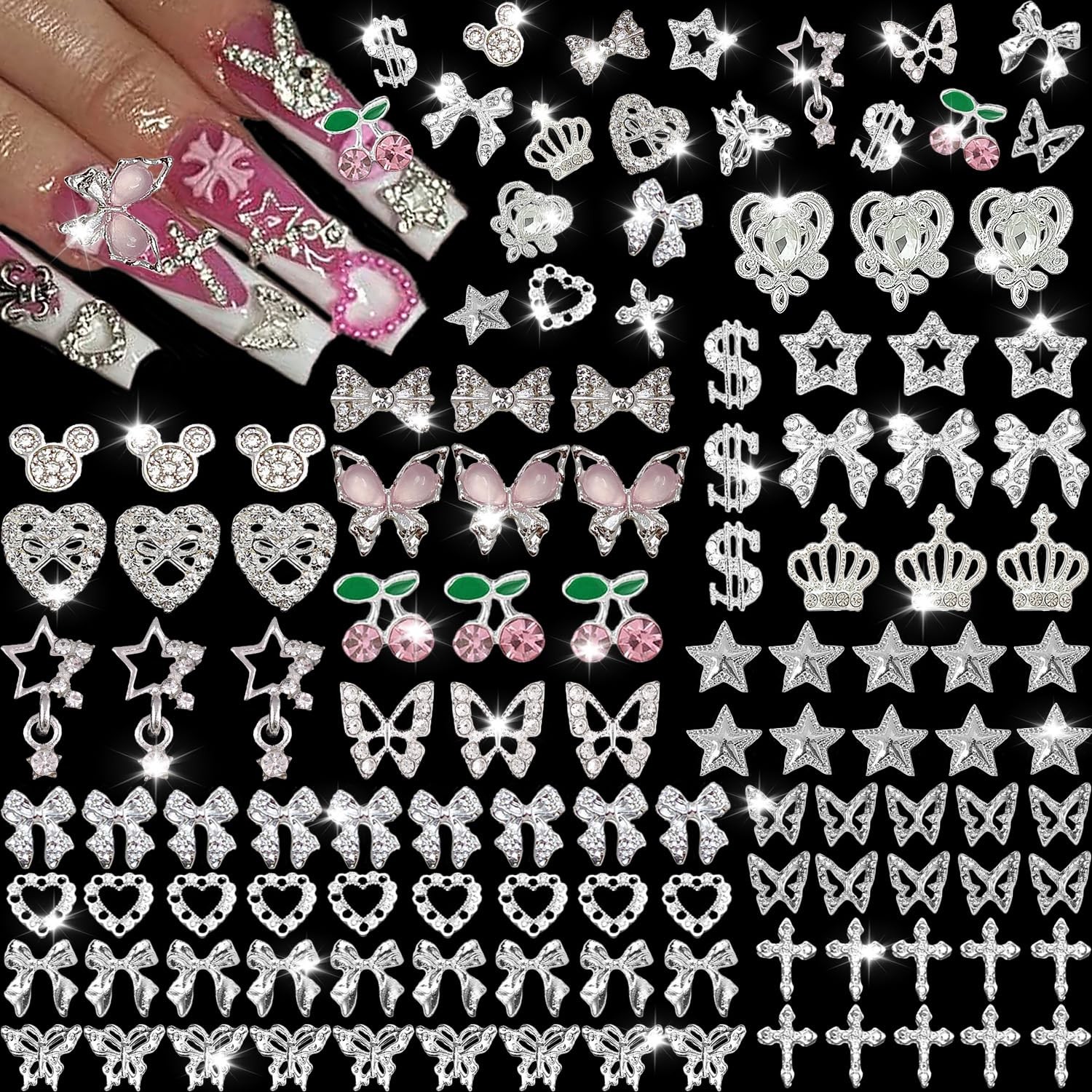 106 Pcs Nail Charms and Gems Silver Nail Charms Nail Rhinestones for Nails De…