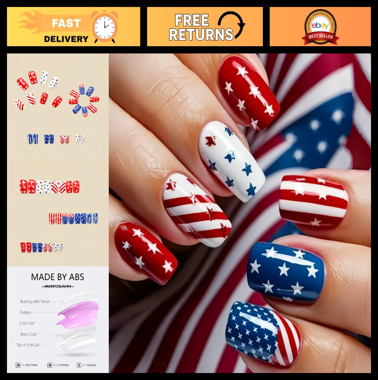4th of July Press On Nails – Medium Square Red Blue Star Design, 24 Pcs Glossy S