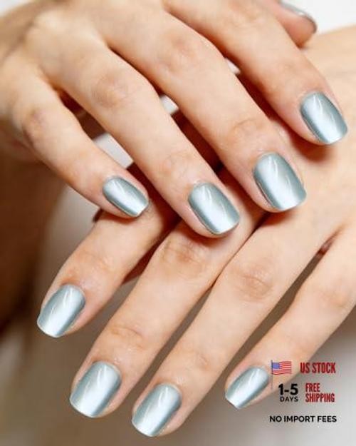 Short Square Press on Nails with Tools Kit, Blue Cat Eye 04# Teal Cat Eye