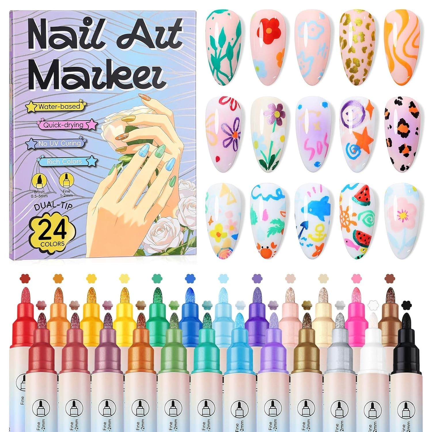 24 Colors Nail Art Pens Set, 20s Quick Drying Nail Polish Pens | 0.5-1mm Dual…