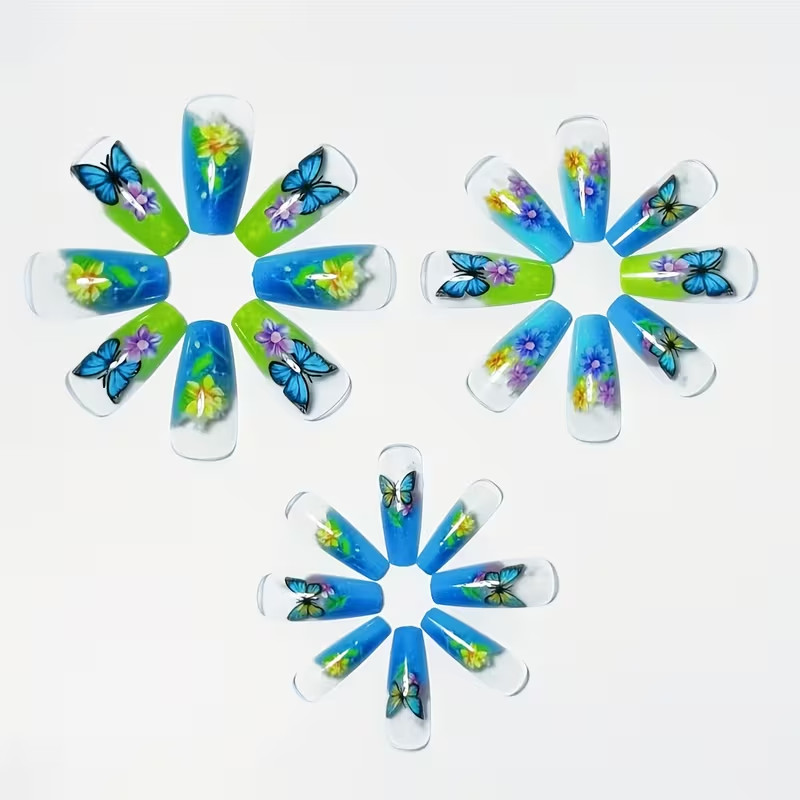 24pcs Ballet Press-On Nails, Long, Glossy, Colorful Butterfly Design, Summer