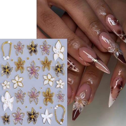 3 Sheets Flower Nail Stickers 5D Embossed Lily gold edged embossed floral