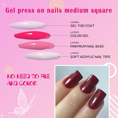 240pcs Burgundy Press on Nails Medium Square Fake Nails, Glossy Acrylic Press