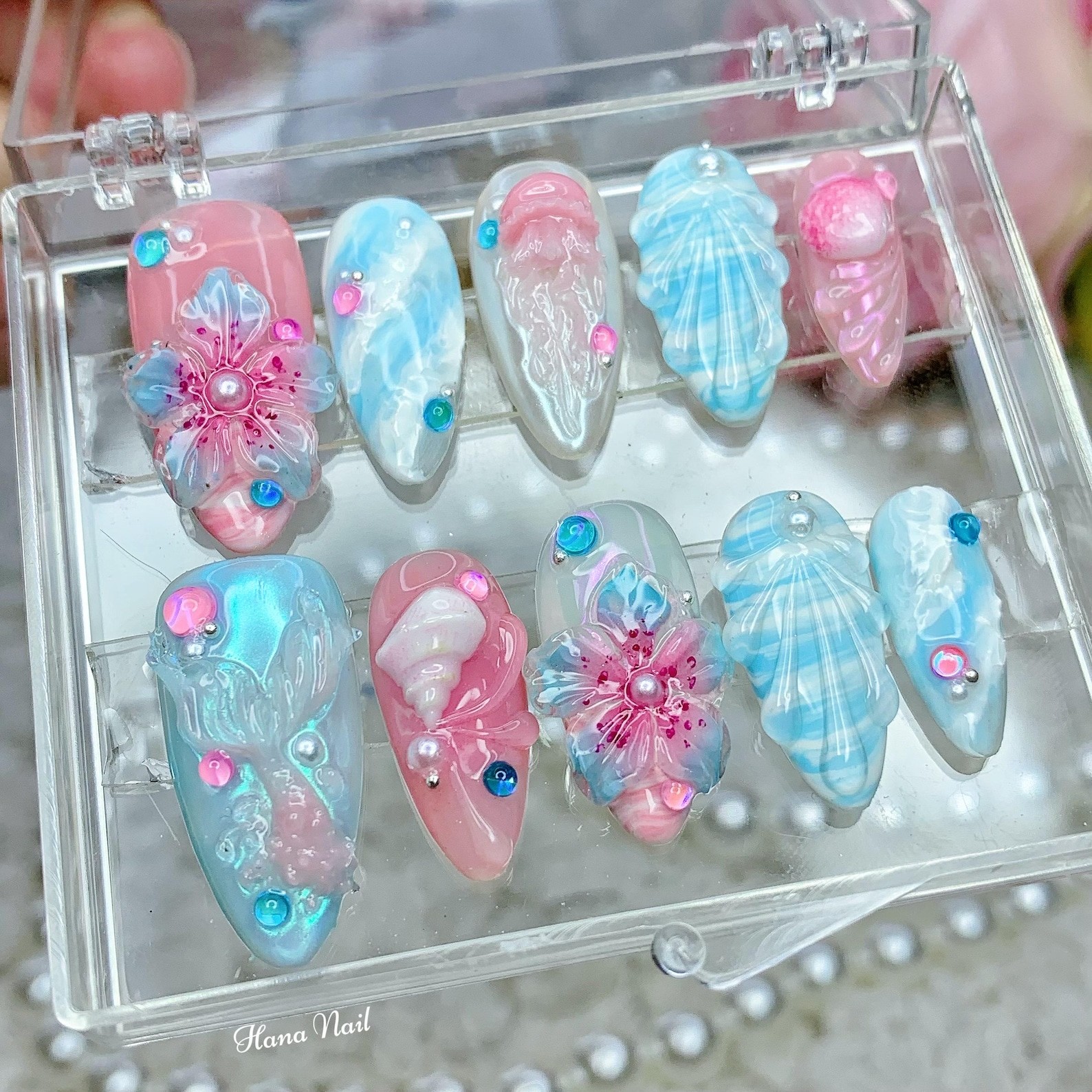 Handmade Mermaid Ocean 3D Flower Seashell Rhinestone Long Almond Press on Nails