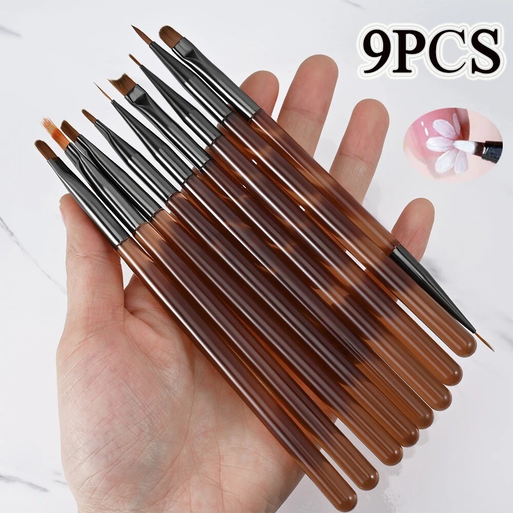9PCS Nail Art Brush Set Gel Acrylic Liner Pen Detail Painting Manicure Tools UK