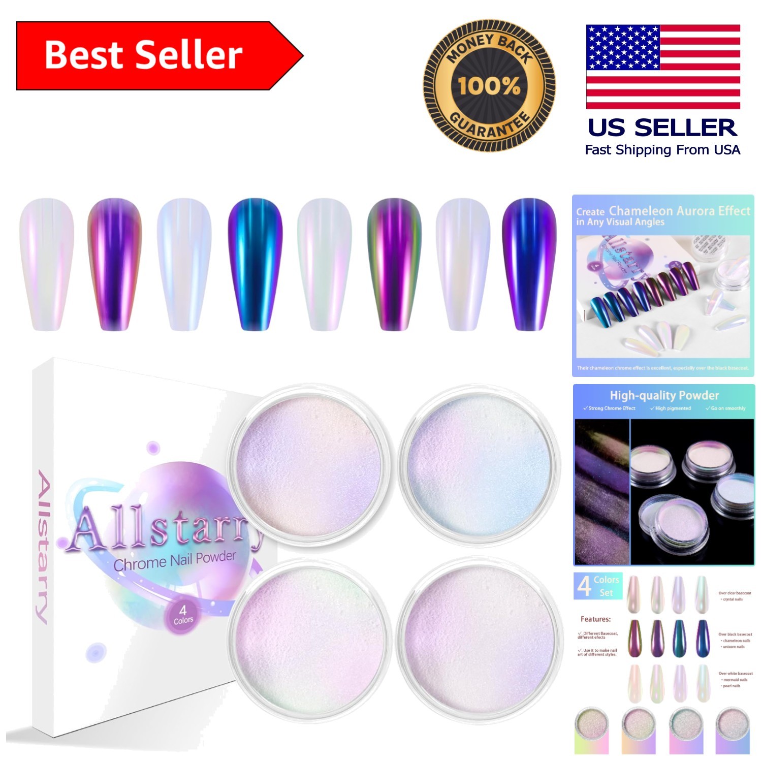 Pearlescent Chrome Nail Powder Set – 4 PCS for Professional-Level Nail Effects