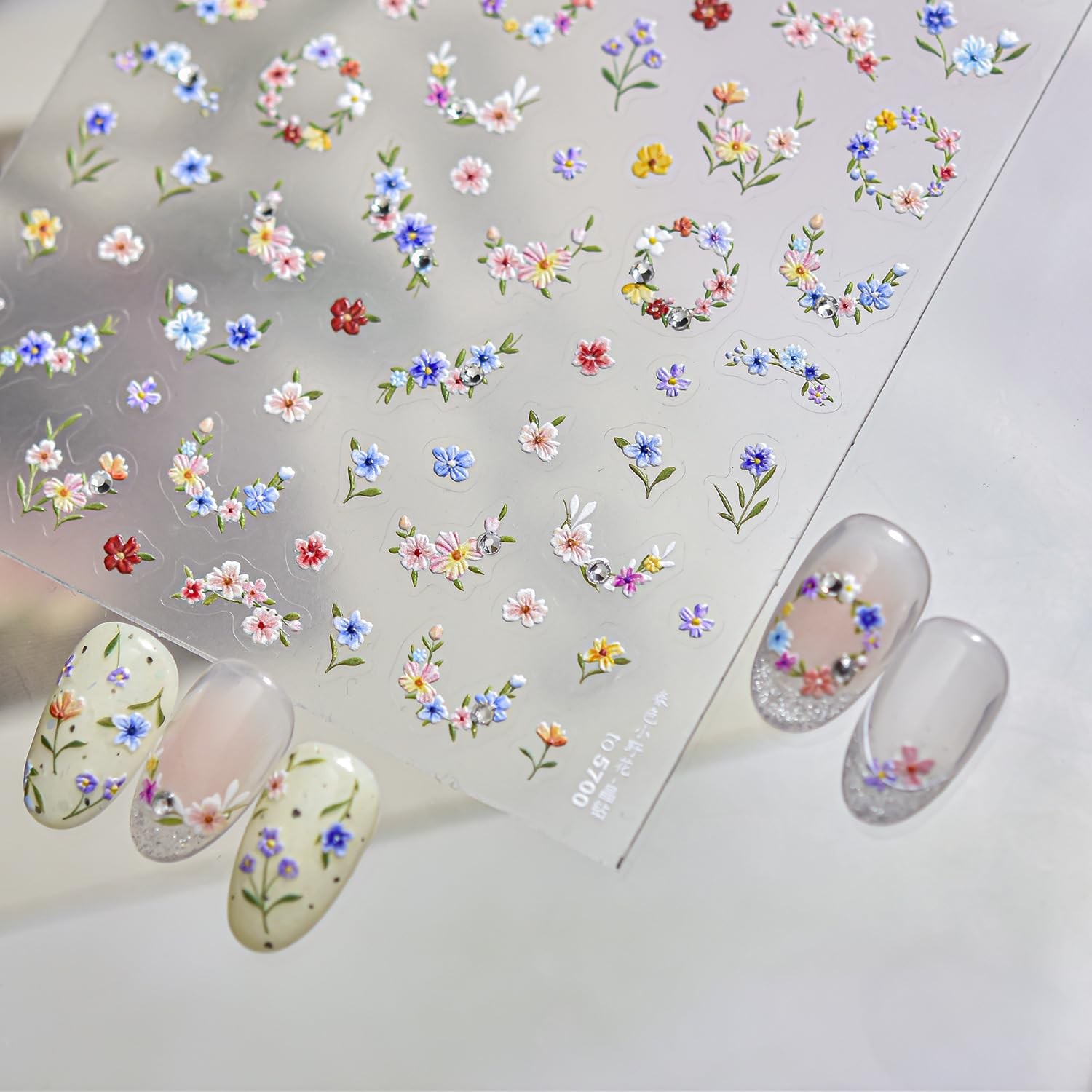 Flower Nail Stickers Pink Blue Nail Decals 1PCS -Adhesive Cute Floral Ring Na…