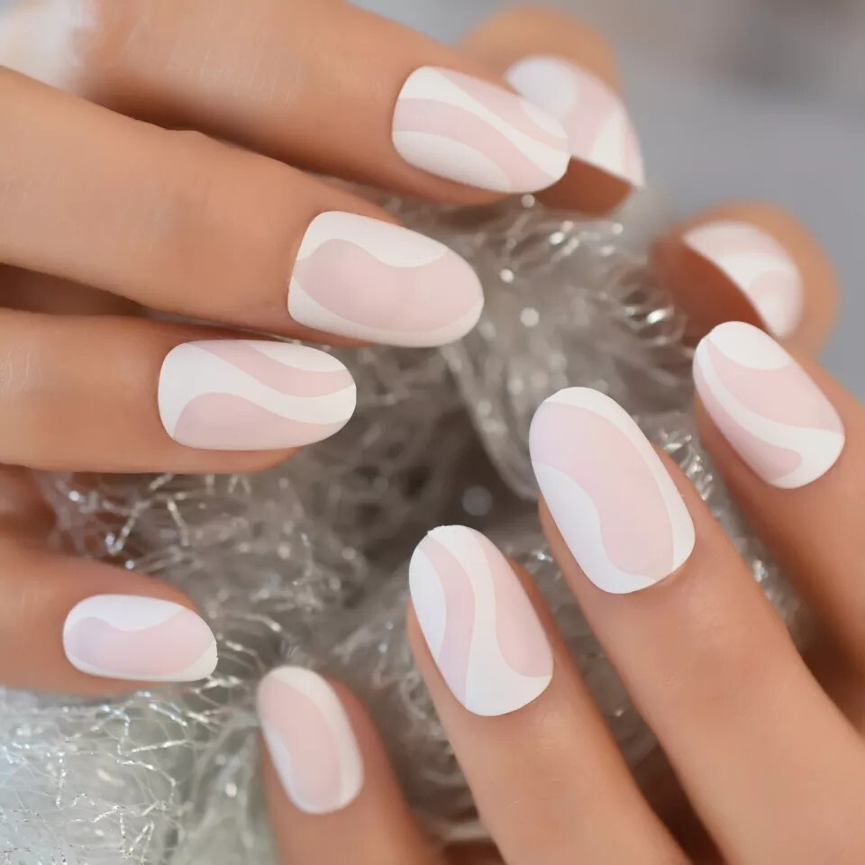 24 Matte White pink swirl Press on nails set with glue short medium Nude natural