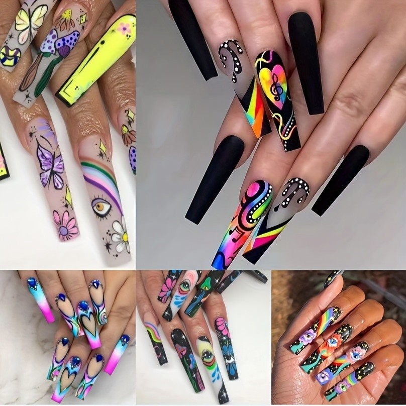 120pcs Bold Colorful Cartoon Press On Nails Eye Rainbow Long Coffin Fake Nails