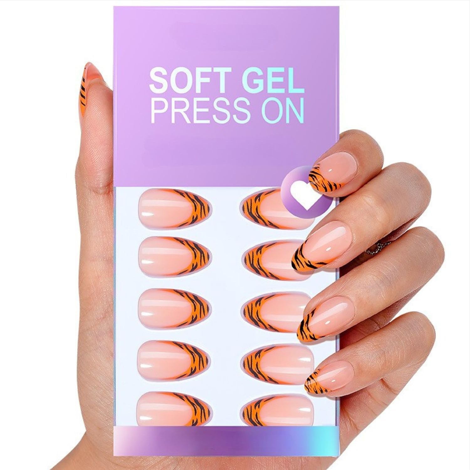 French Tip Press on Nails Short Almond Fake Nails with Orange French Tip Leop…