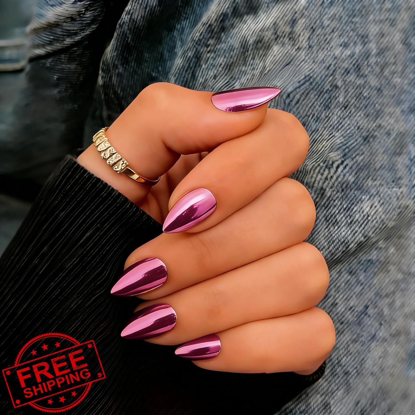 KQueenest Chrome Press On Nails Almond Pink