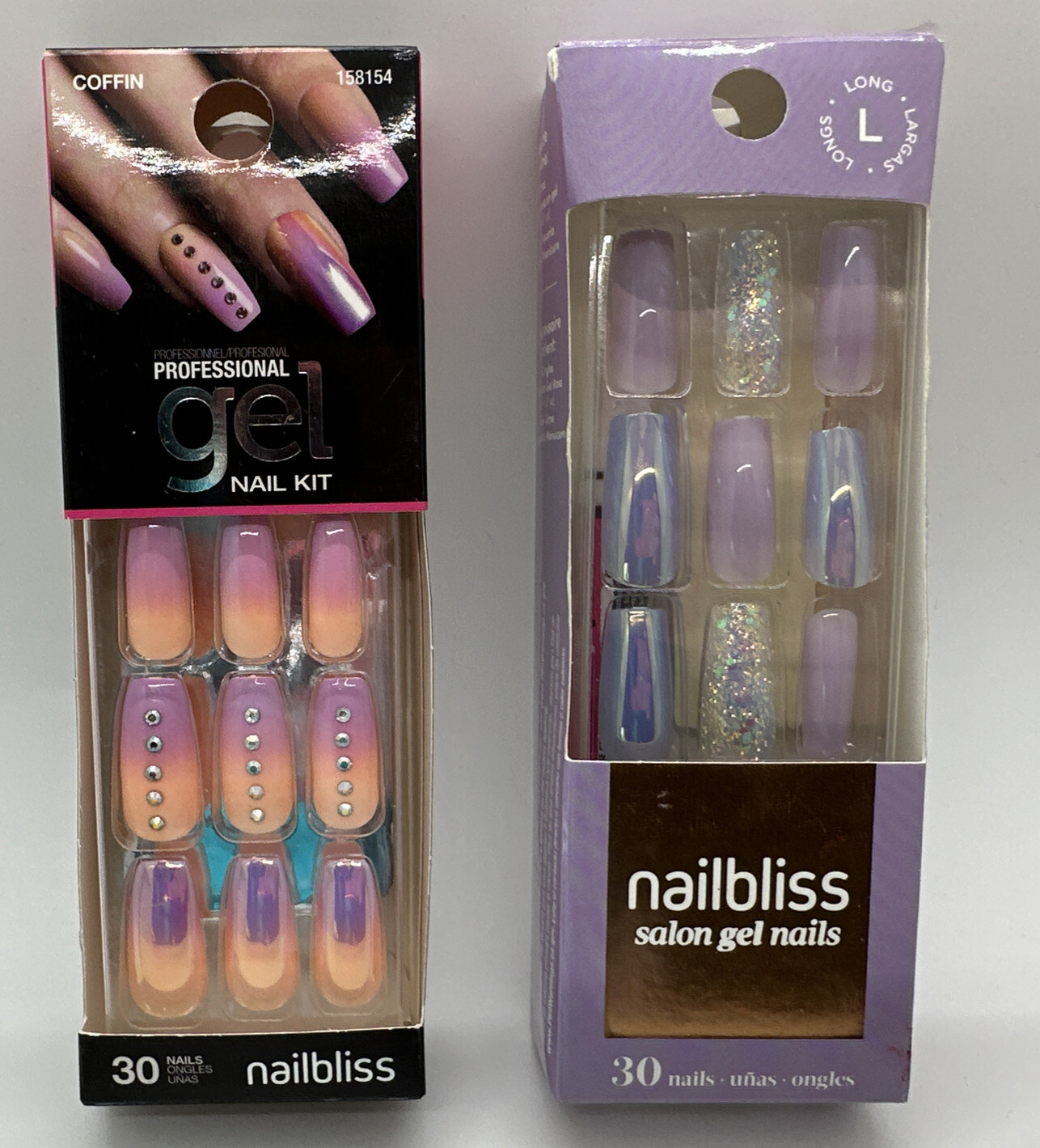 2 Press On Gel Glue On Nails Purple Glitter, Pink Orange Rhinestones Long
