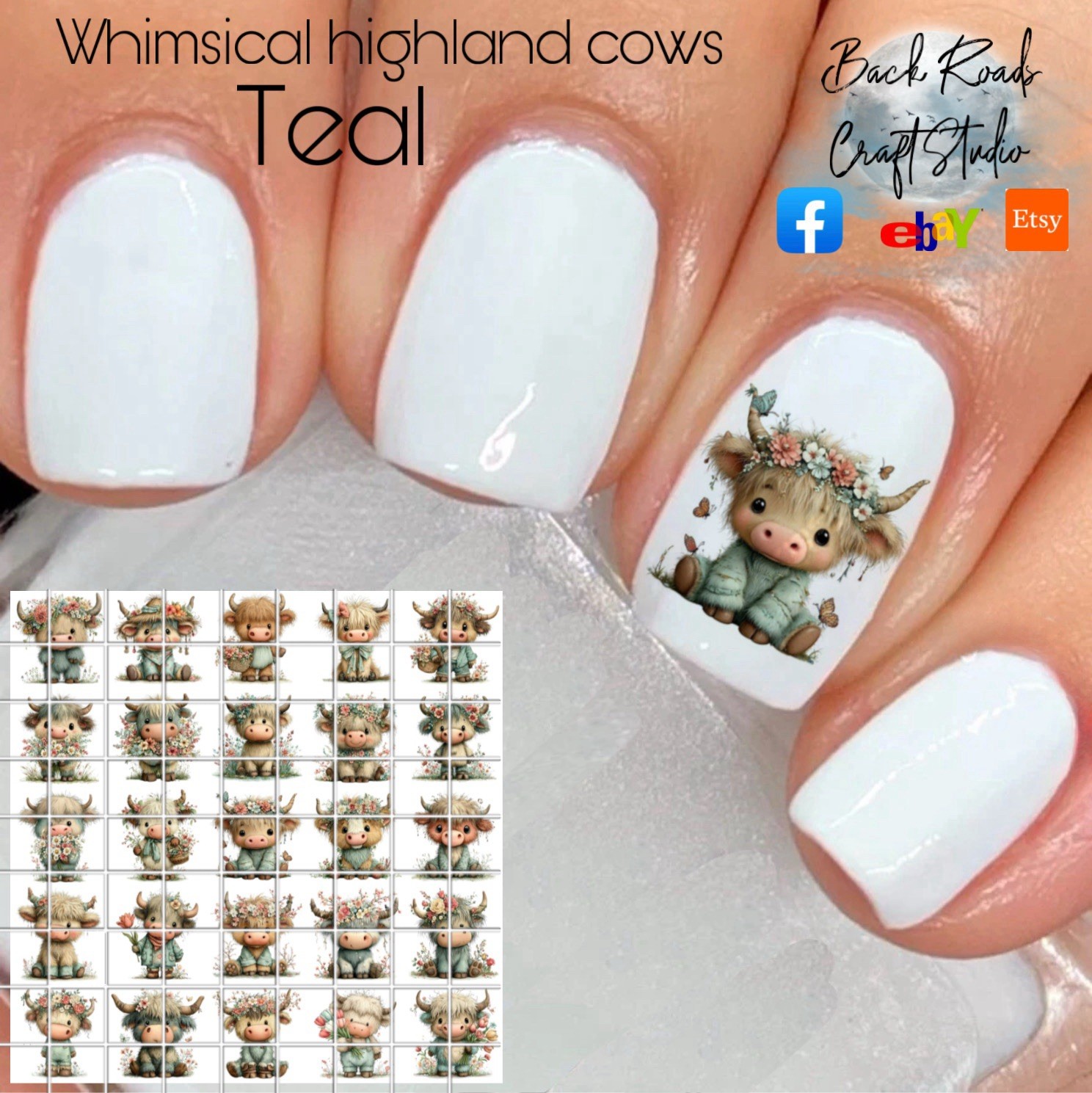 Whimsical Highland Cows Teal Waterslide Nail Decals Set Of 50 Instructions
