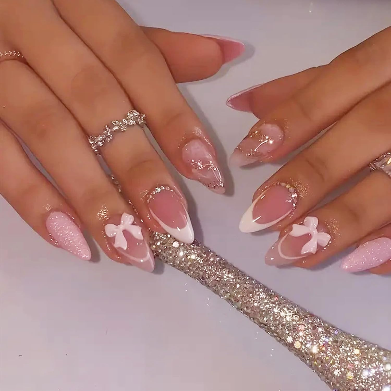 Pink French Tip Press on Nails Medium Almond Fake Nails with 3D Bow & Glitter Rh