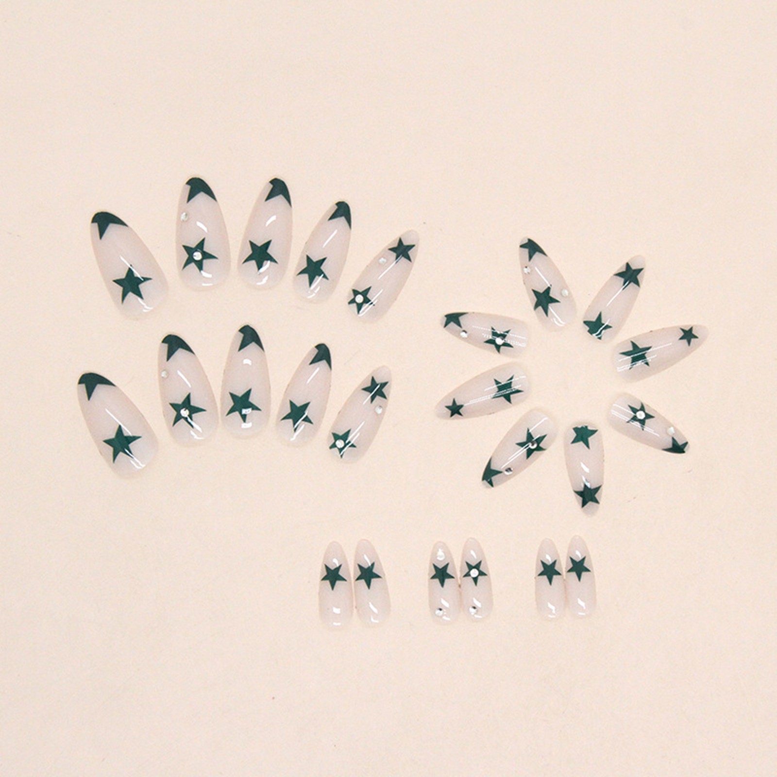 White Almond Press On Nail with Green Star Printed Rhinestone,Daily False Nail