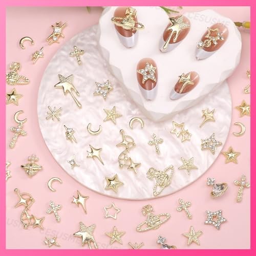 130 Pcs Alloy Gold Star Cross Nail Charms, 21 Styles 3D Y2K Metal S2-golden