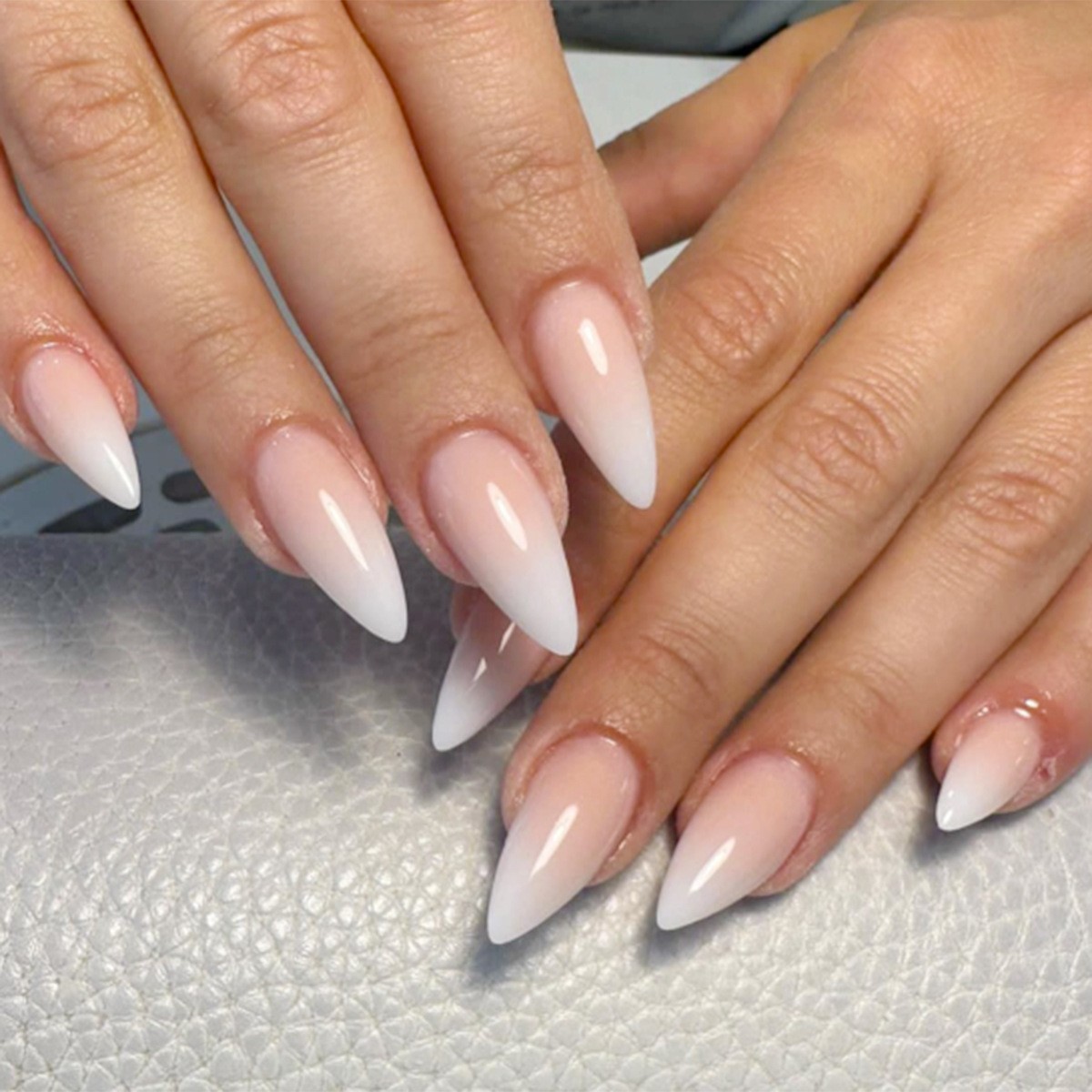 48Pcs-Long Stiletto Nude White Soft Gradient Glossy Press on Nails Set