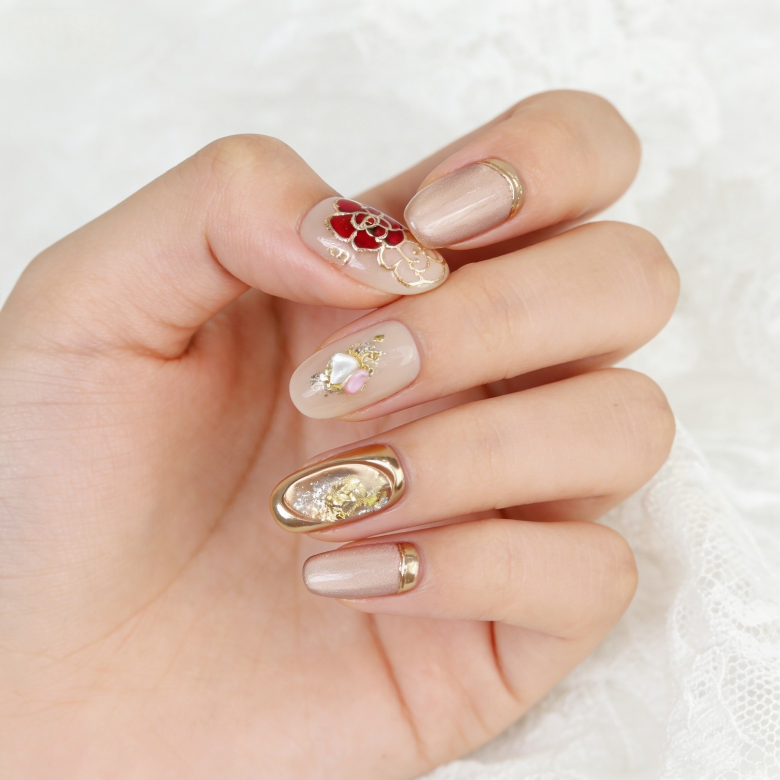 Nude Pink Floral Press On Nails Oval Gold Foil Handmade Elegant Set Gift For Her