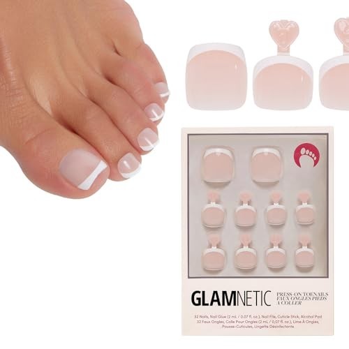 Classic White French Tip Press-On Toenails | 32-Piece Kit with Glue | Glossy Fin