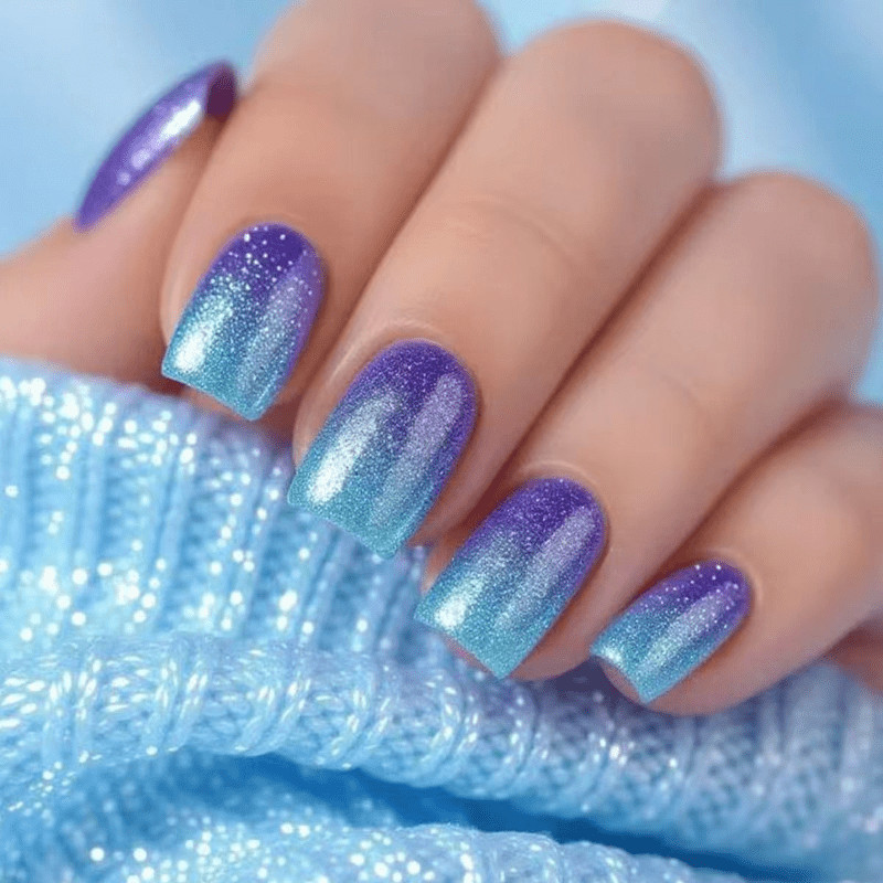 48Pcs-Mermaid Purple Cyan Ombre Sparkly Short Square Press on Nails Set