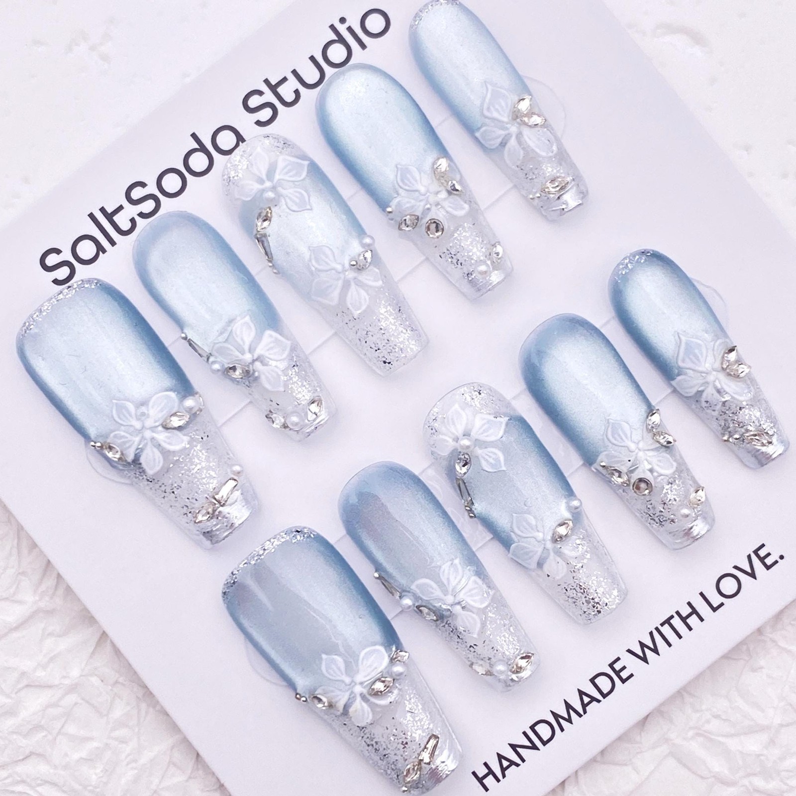 Custom Pure Handmade Nails Ice Blue White Flower Pearl Silver Decor Manicure