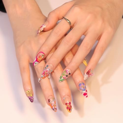 24Pcs Flower Press on Nails Medium Almond Fake Nails with 3D Colorful Spring